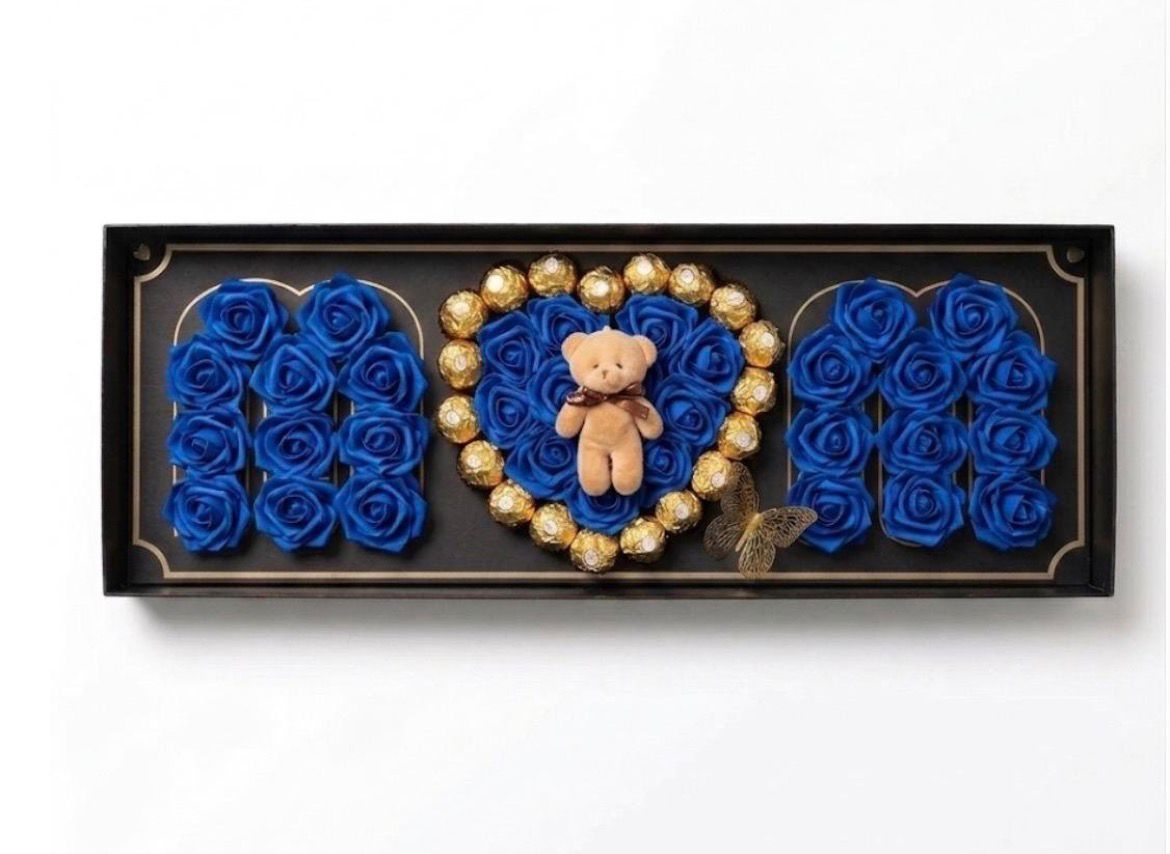 MOM Box With Blue Foam Roses & Ferrero Rocher | Mother's Day Gifts